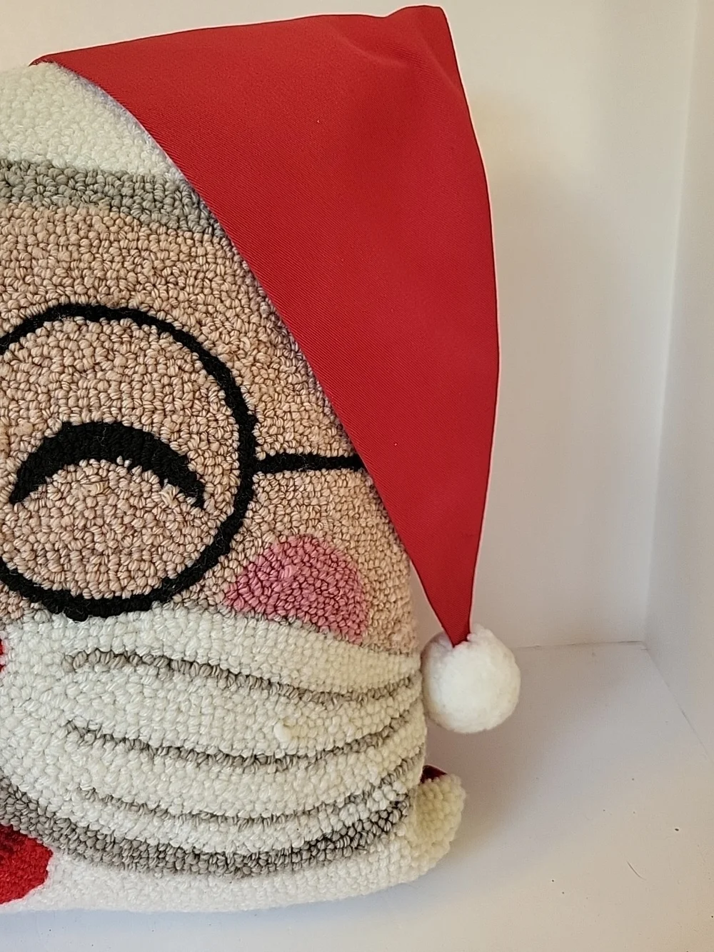 Festive Santa Face Hooked Wool Pillow - 3D Red Hat 16x16